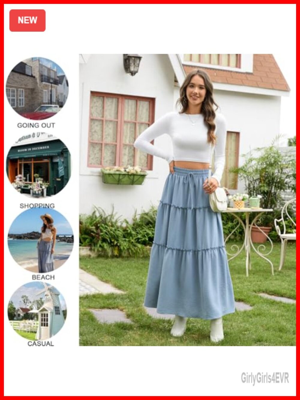 Women's Boho Maxi Skirt High Waist Tiered Ruffle Flowy Long Skirt with Pockets - Picture 5 of 6